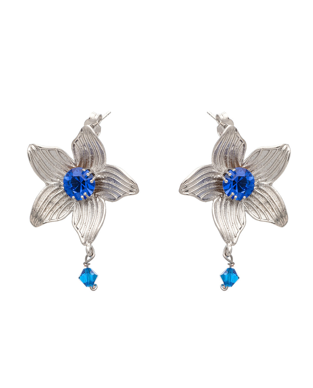 Blue Flower Drop Earrings Silver