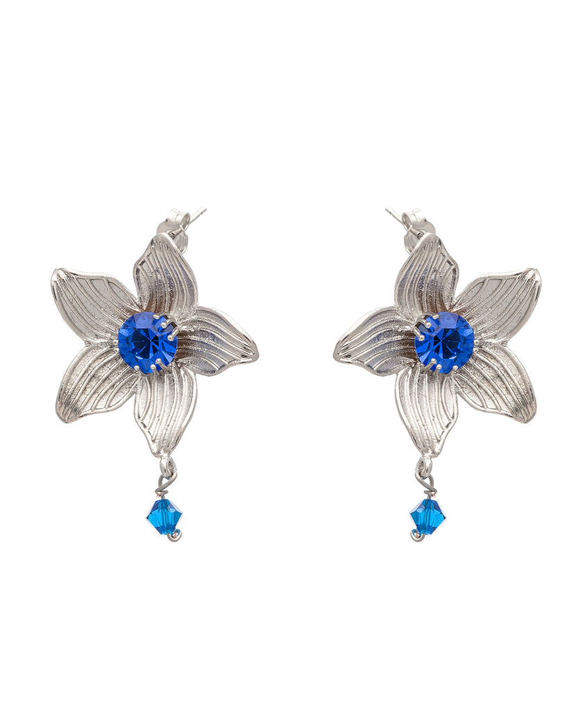 Blue Flower Drop Earrings Silver